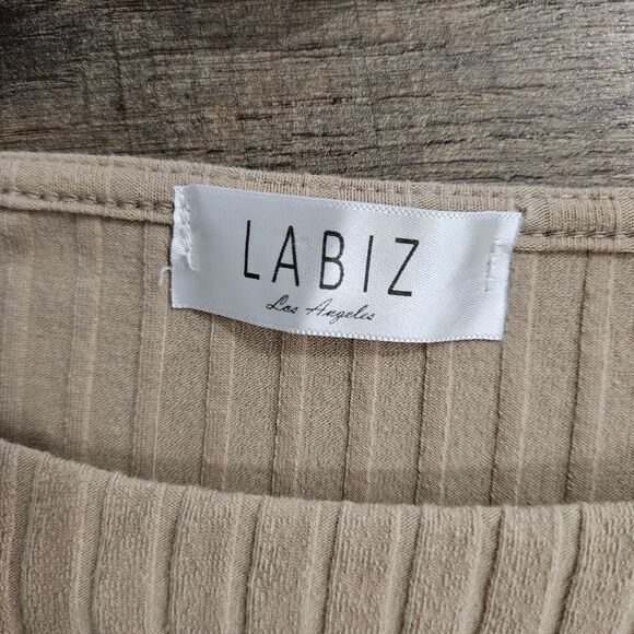 Labiz Bodysuit Womens Small One-Piece Ribbed Knit Cut Out Long Sleeve Beige - Picture 8 of 13